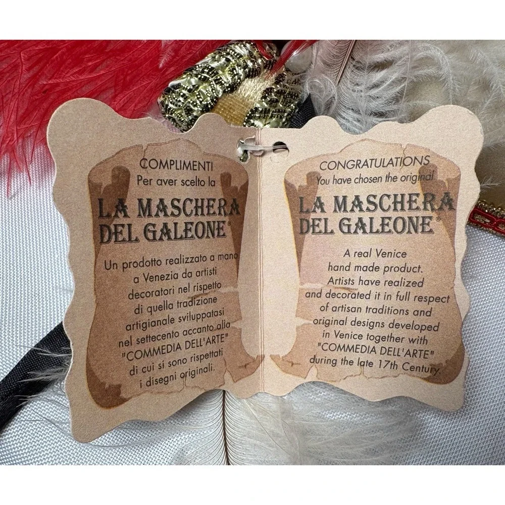 La Maschera Del Galeone Mask Italy Venezia Feathers Handmade Red Gold
